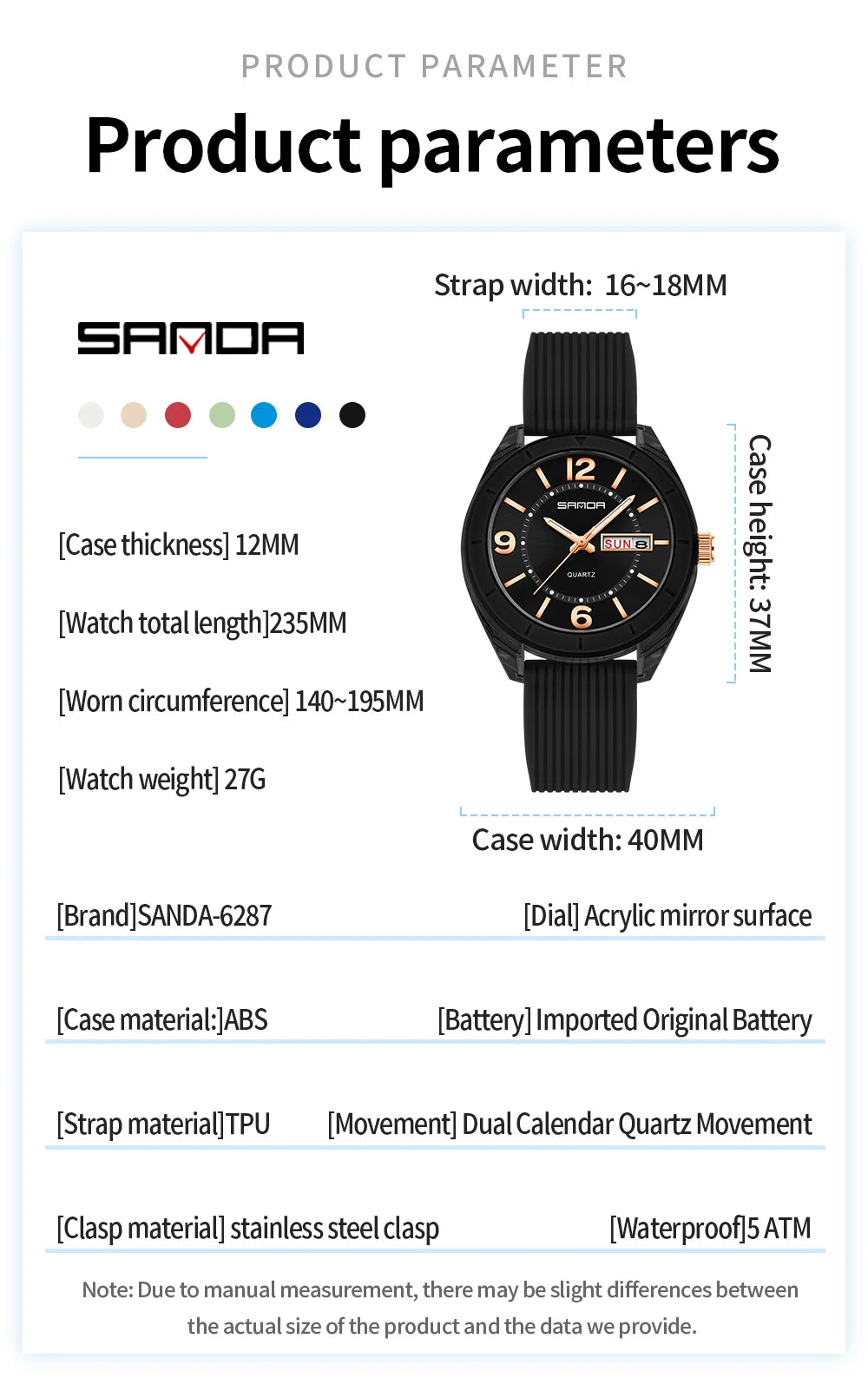 SANDA New 6287 Male And Female Students Leisure Exam Quartz Watch Night Light waterproof Double Calendar Quartz Watch