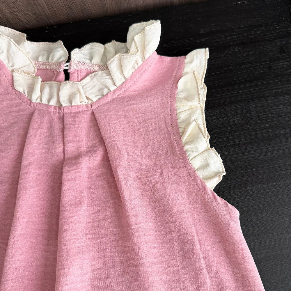 Bear Leader Korean Solid Color Kids Clothes Summer Pink Lace Girls Dress Sleeveless Black Fungus Edge Mesh Splicing Dresses