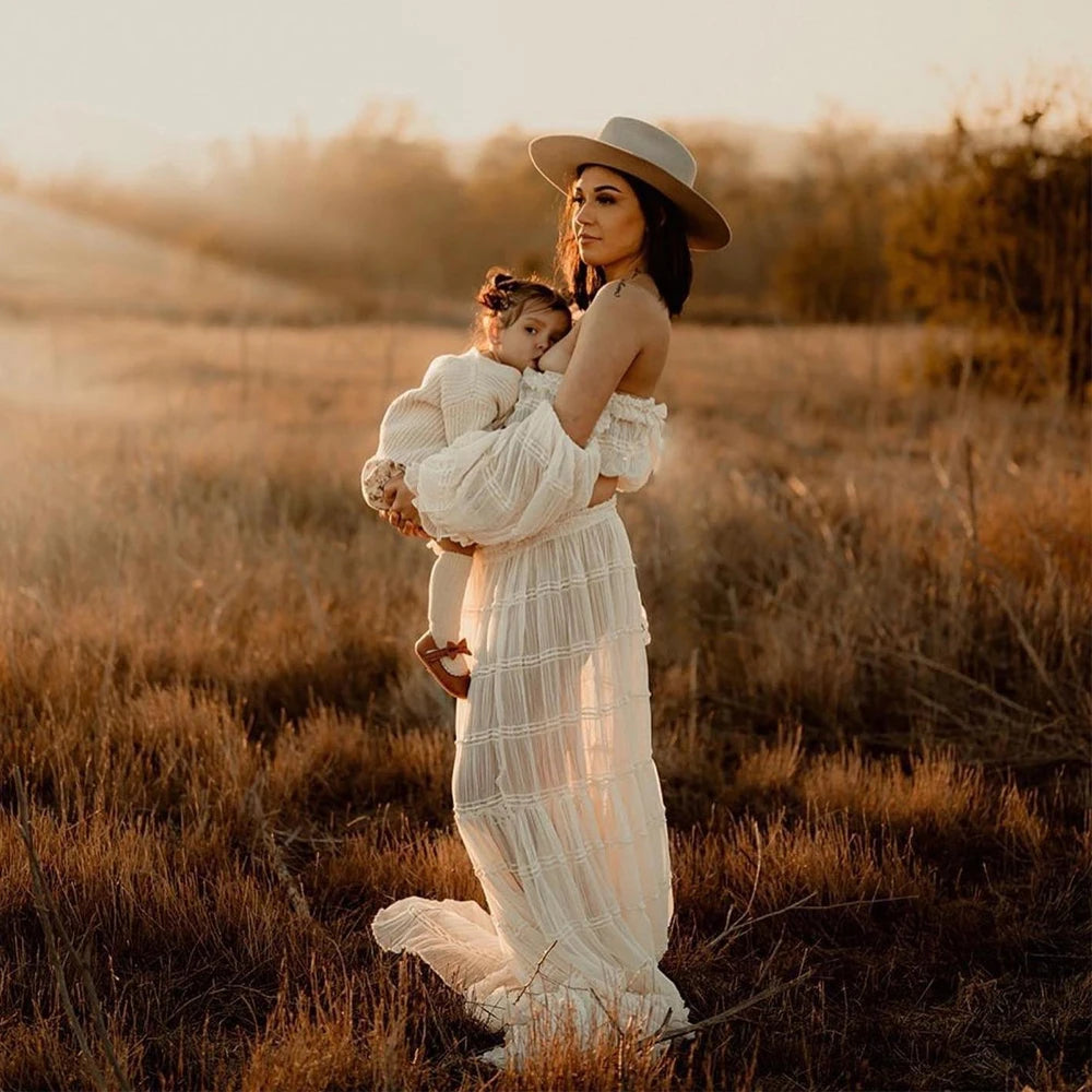 Maternity Dresses For Photo Shoot Women Off Shoulder Short Top Pleated Chiffon Long Sleeved Bohemian Dress Boho Style Dress
