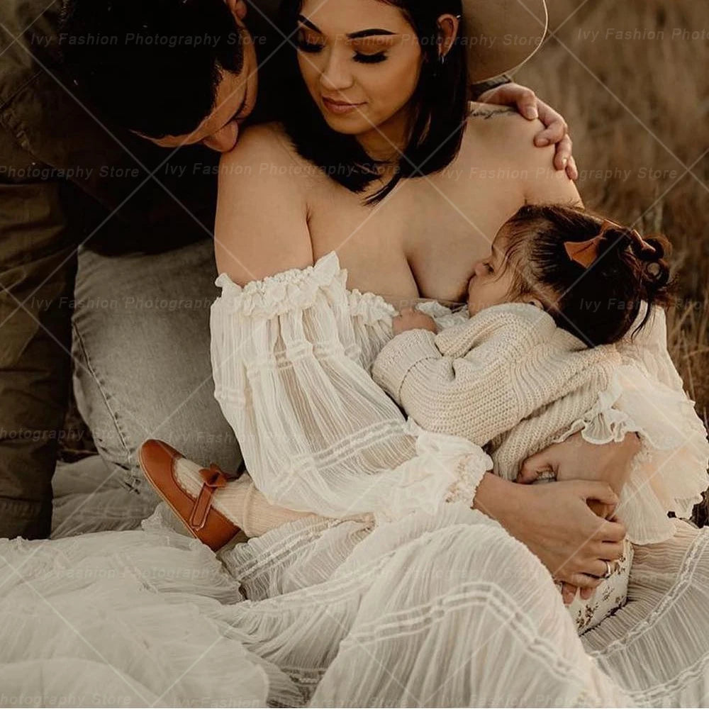 Maternity Dresses For Photo Shoot Women Off Shoulder Short Top Pleated Chiffon Long Sleeved Bohemian Dress Boho Style Dress