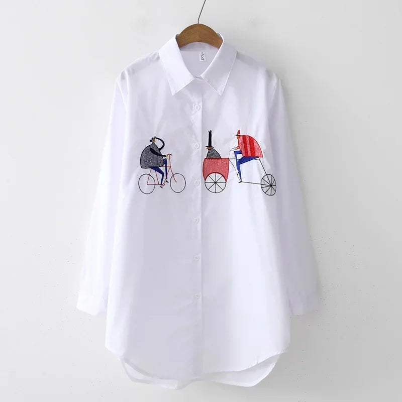 White Women Shirt Long Sleeve Cotton Blouse Office Lady Elegant Embroidery Casual Tops Turn Down Collar Clothing