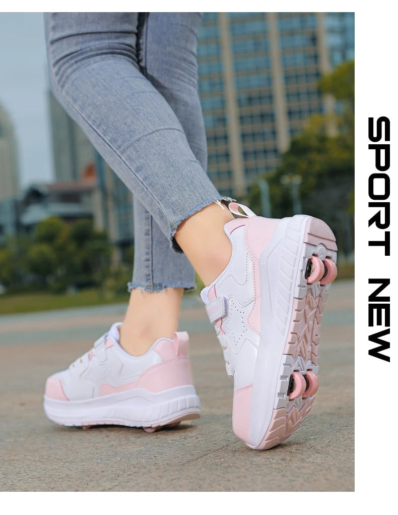 Kids Roller Skate Shoes Fashion Casual Sports Children 4-Wheels Sneakers for Boys and Girls Gift Nice Footwear