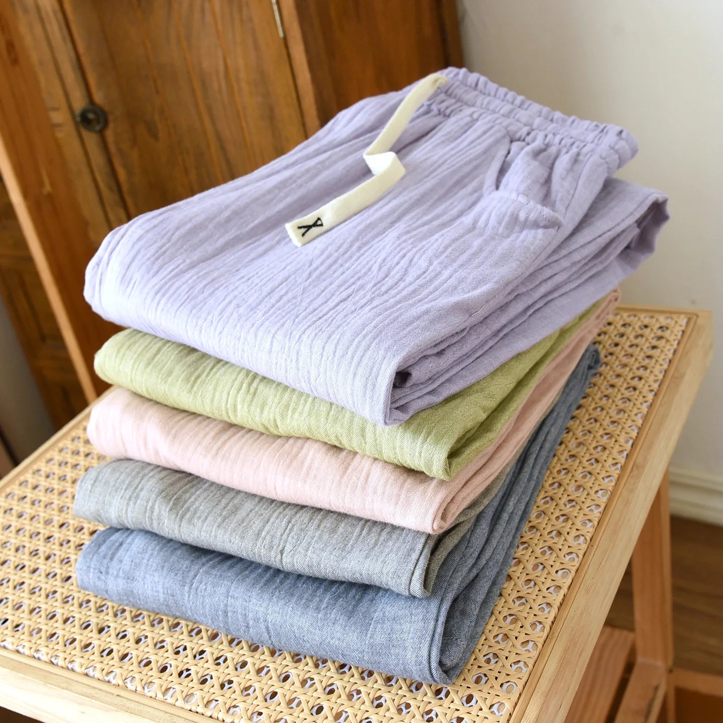 Summer Women Cotton Gauze Wide Leg Pants Casual Loose Elastic Waist Trousers with Pockets Solid Color Breathable Lounge Pants