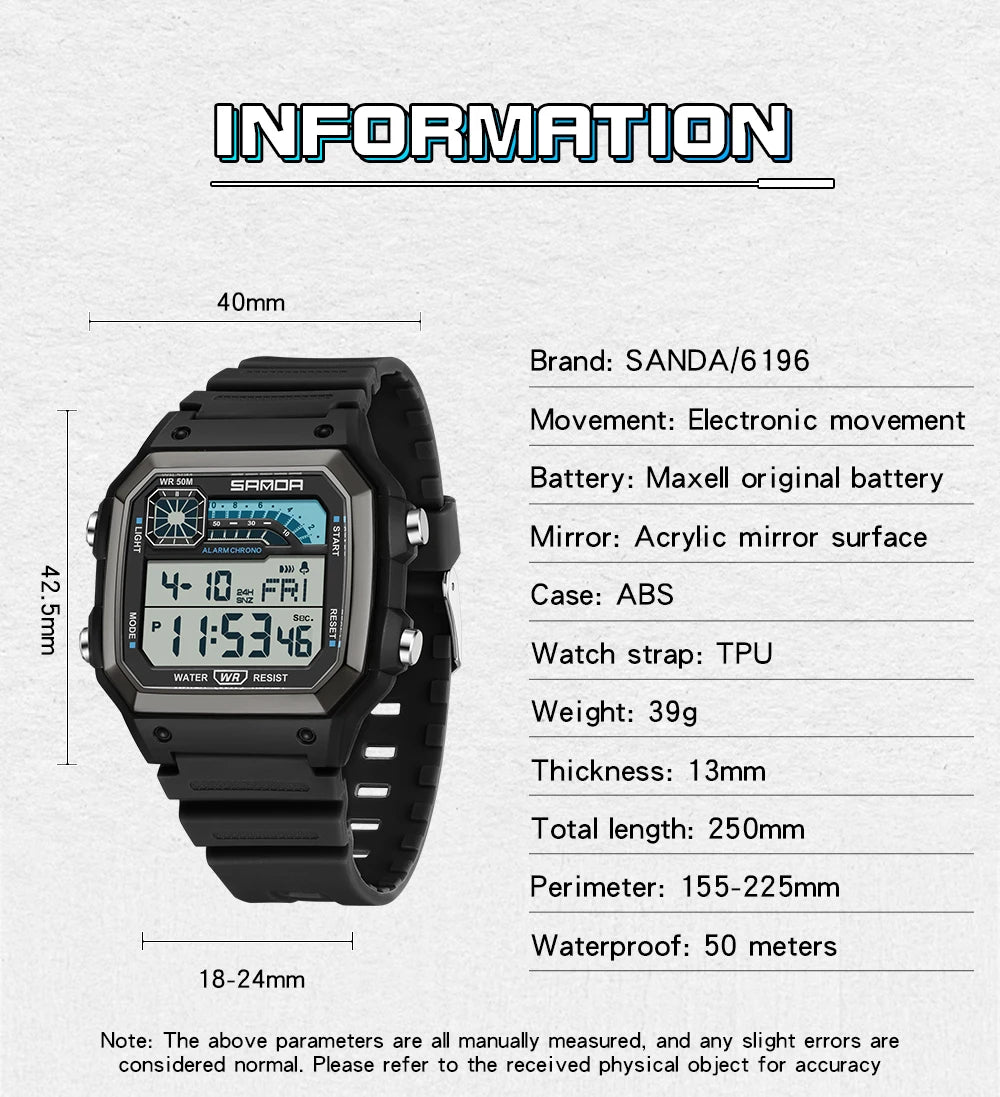 SANDA 6196 Electronic Watch Night Glow Waterproof Sports Men's Light and Thin Square Classic Male and Female Student Watch