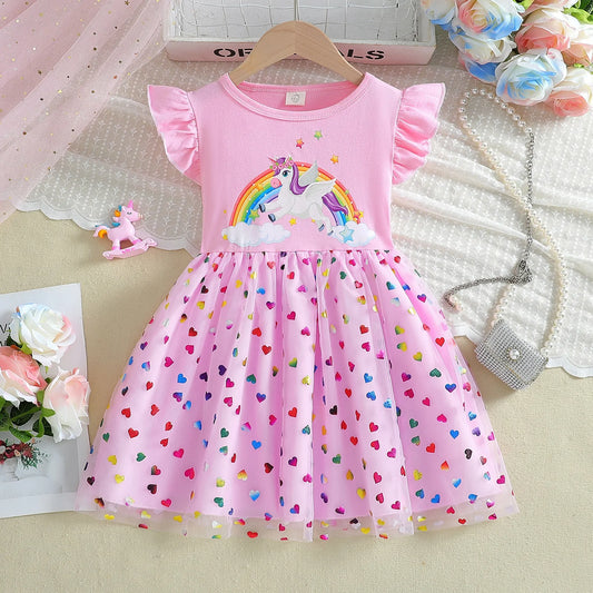 2025 New Unicorn Girls Dress Flying sleeves Kids Clothes Summer Princess Dresses Party Dresses for Children Clothing Rainbow