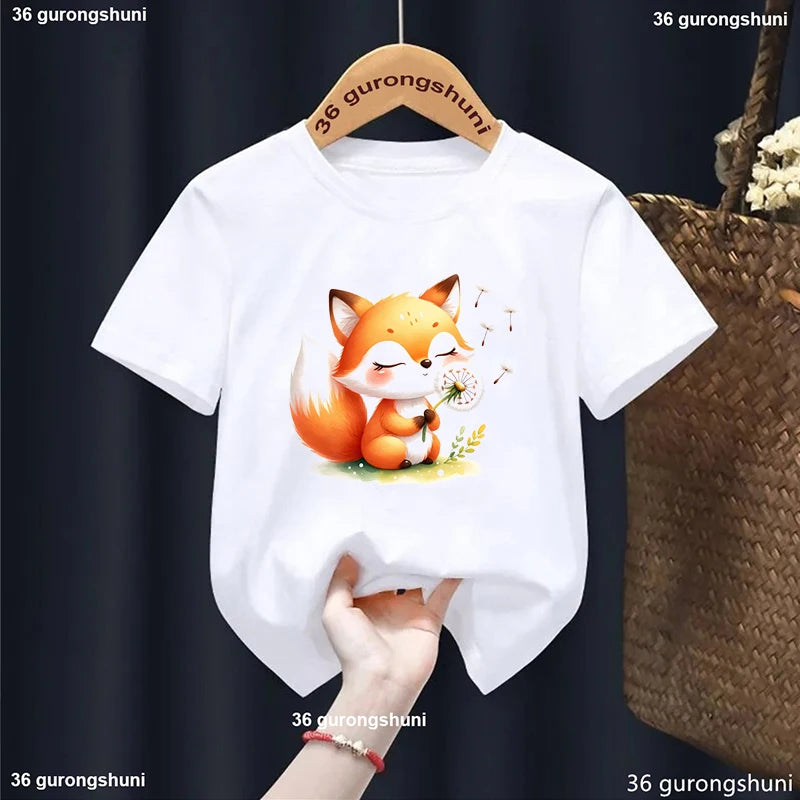 Lovely Fox Wish Dandelion Animal Printed T Shirt Girls/Boys Kawaii Kids Clothes Summer Fashion T-Shirt Harajuku Shirt