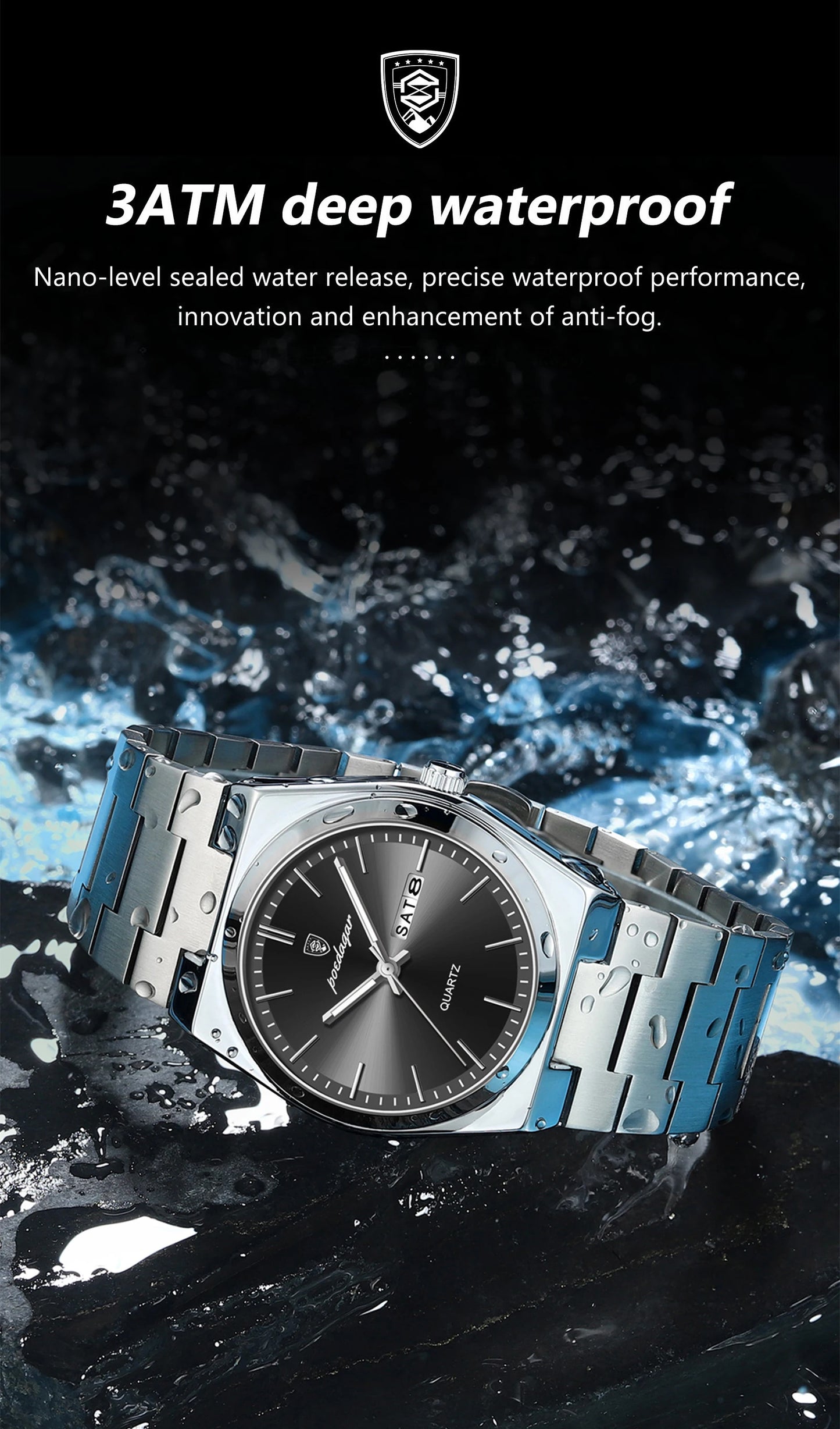 POEDAGAR Luxury Men Watch Stainless Steel Waterproof Luminous Man Wristwatch Date Week Fashion Casual Men's Watches Quartz Reloj