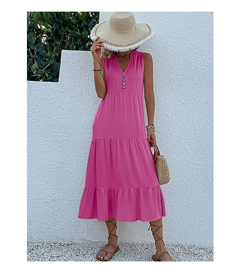 Dresses for Women 2025 Summer V-neck Single-breasted Vest Dress Sleeveless Loose Casual Solid Color Dress Vestidos De Mujer