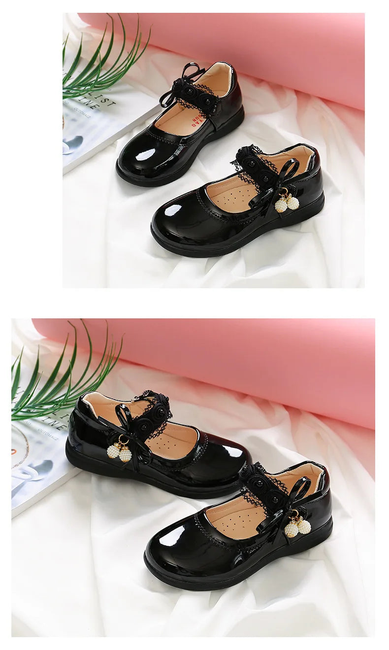 Kids Black Performance Shoes Soft Sole for Students Flat Shoes Casual Versatile 2025 New Kids Princess Shoes with Sweet Pendant