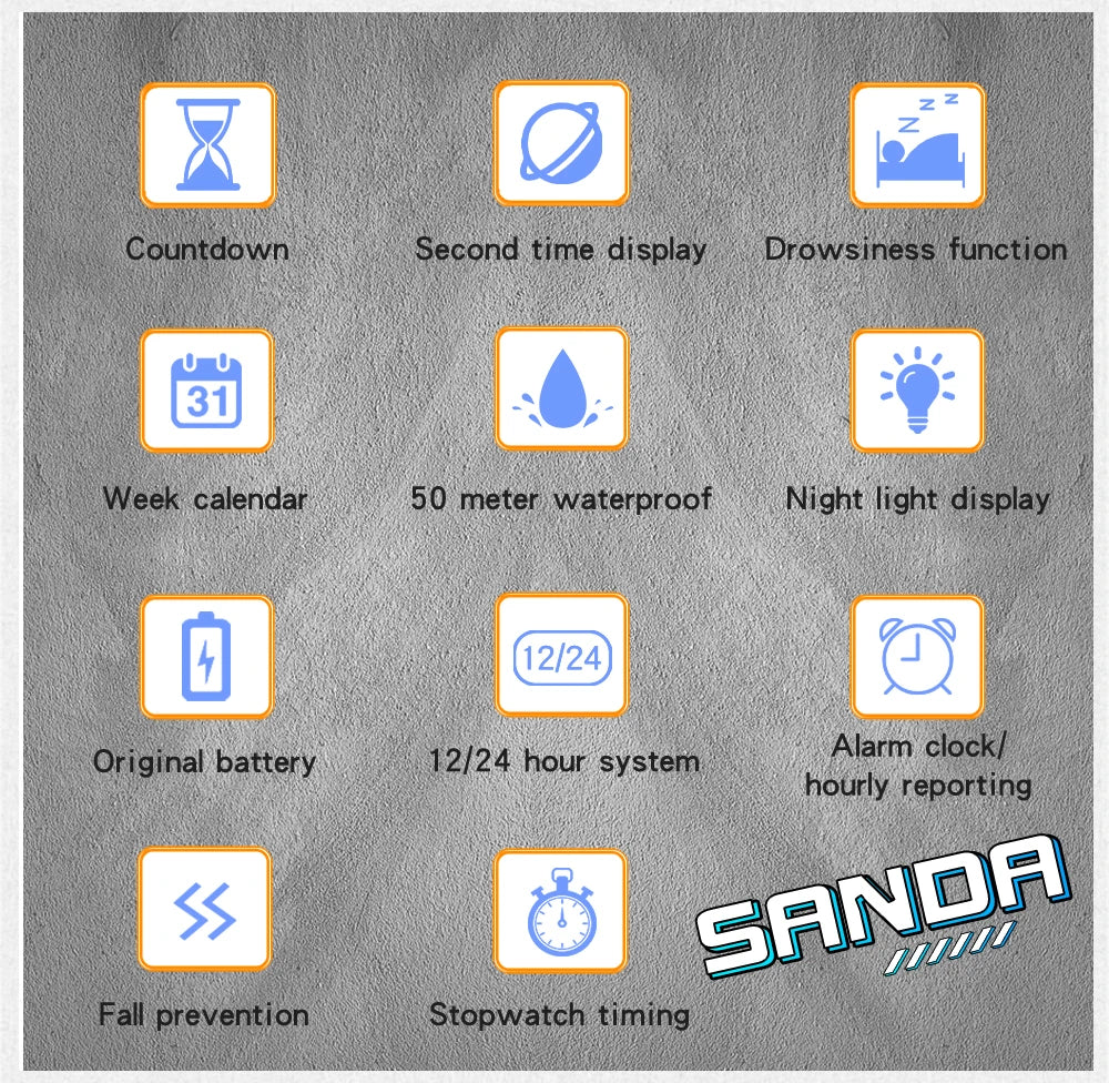 SANDA 6196 Electronic Watch Night Glow Waterproof Sports Men's Light and Thin Square Classic Male and Female Student Watch