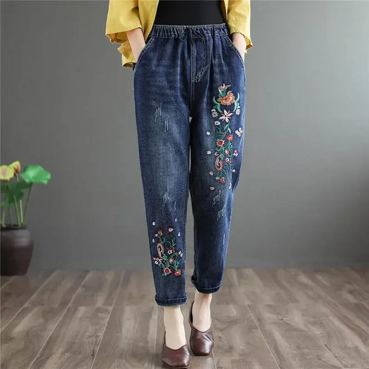 Vintage Jeans Women Embroidered Denim Trousers Streetwear Harem Pants Female Ankle-length New Loose Stretch Mom Jeans Q5760