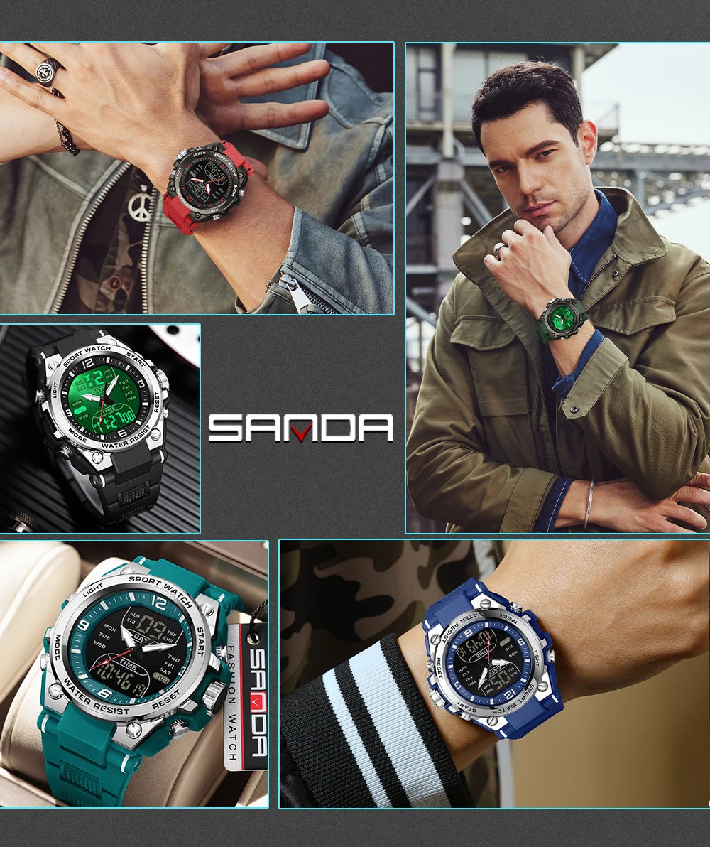 SANDA New Fashion Men Watch Multifunctional Outdoors Sports Waterproof Wristwatch LED Luminous Electronic Digital Men Watches