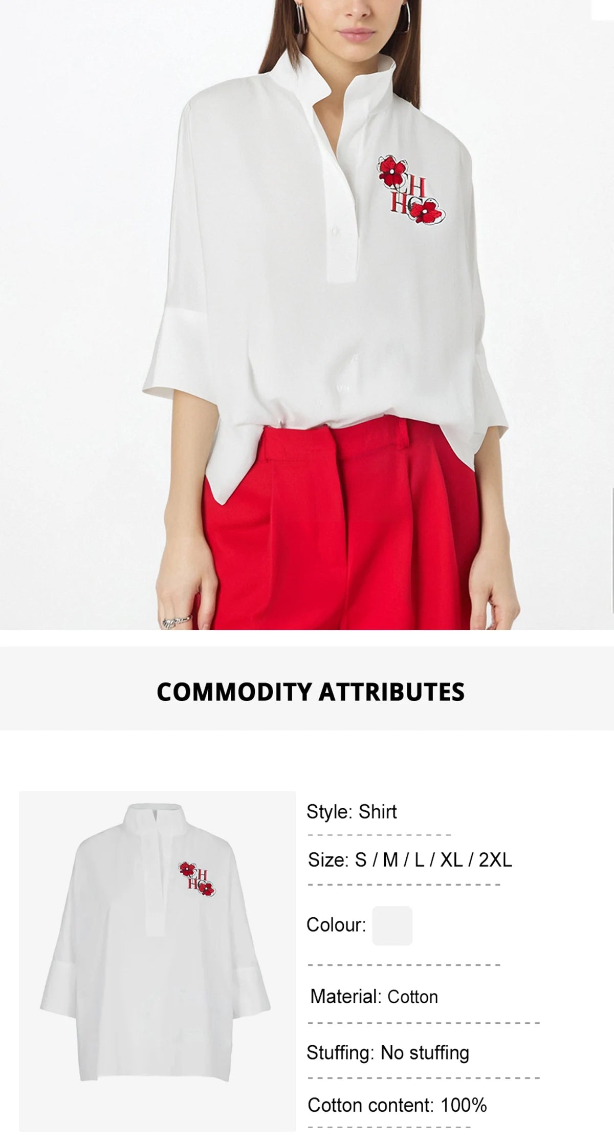 CHCH Women's T-shirt 2025 New White Cotton Top 3/4 Sleeves Simple