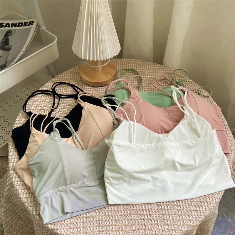 Bra For Women Ice Silk Tube Tops Soft Breathable Underwear Push Up Suspender Brassreie Camisole Female Casual Vest Crop Top Pink