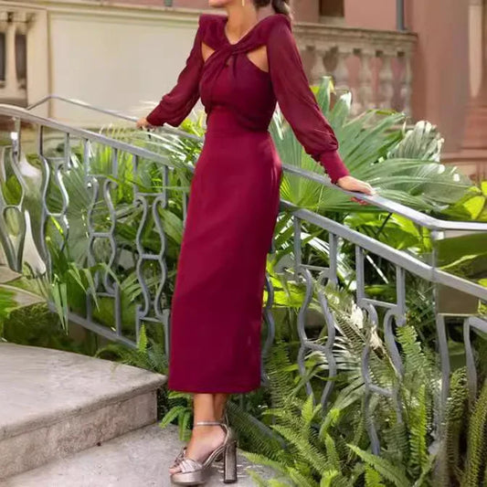 Women's Dresses Autumn Fashion Spliced Hollow Sexy Backless Solid Color Loose Long Sleeve Long Skirt Elegant Party Dress