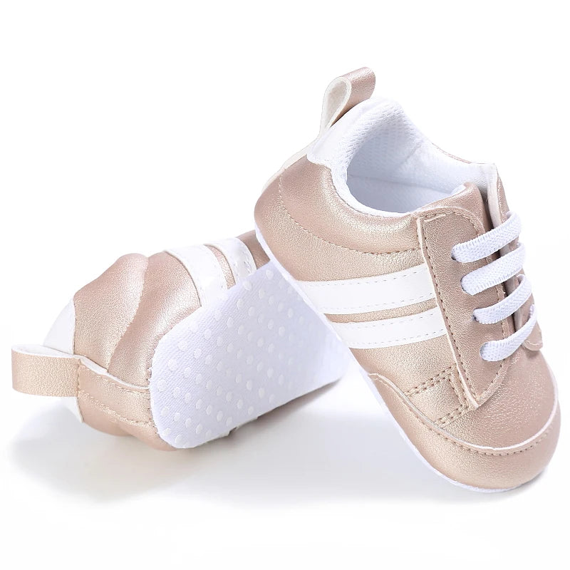 Baby Shoes Newborn Boys Sneaker Girls Two Striped First Walkers Kids Toddlers Lace Up PU Leather Soft Soles Sneakers 0-18 Months