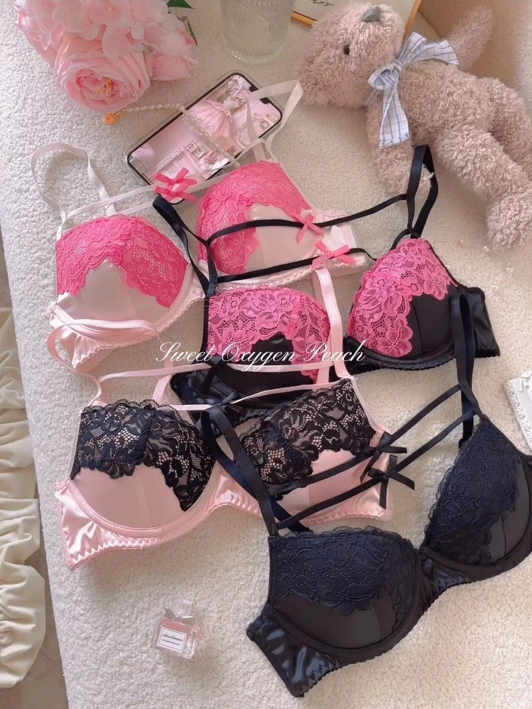 Women Underpants Low Waist Mesh Hollowed Bow Panties and Bra Set Breathable Briefts Lace Push Transparent Lingerie