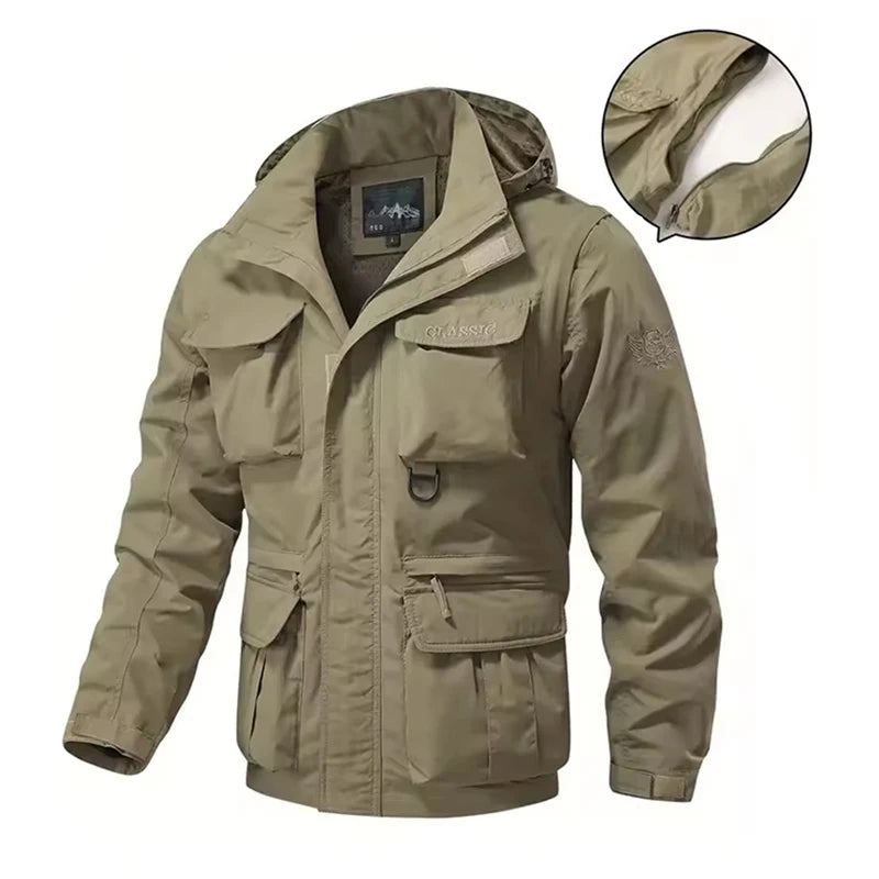Waterproof Men Jackets Casual Work Coats Detachable Hooded Multi-Pocket Jackets Autumn Outdoor Windproof  Camping Outerwear Coat