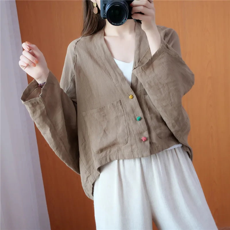 Women Long Sleeve Jackets New 2022 Autumn Vintage Style All-match Loose Comfortable Cotton Linen Female Casual Coats B2100