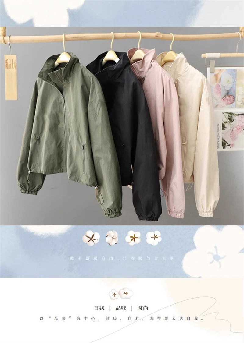 Women's Jackets New Spring Autumn Thin Cardigan Jacket Zipper Long Sleeve Simple Fashion Solid High-necked Casual Female Outwear