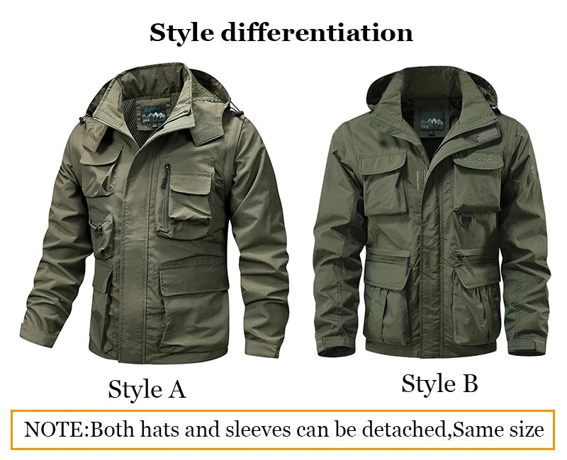 Waterproof Men Jackets Casual Work Coats Detachable Hooded Multi-Pocket Jackets Autumn Outdoor Windproof  Camping Outerwear Coat