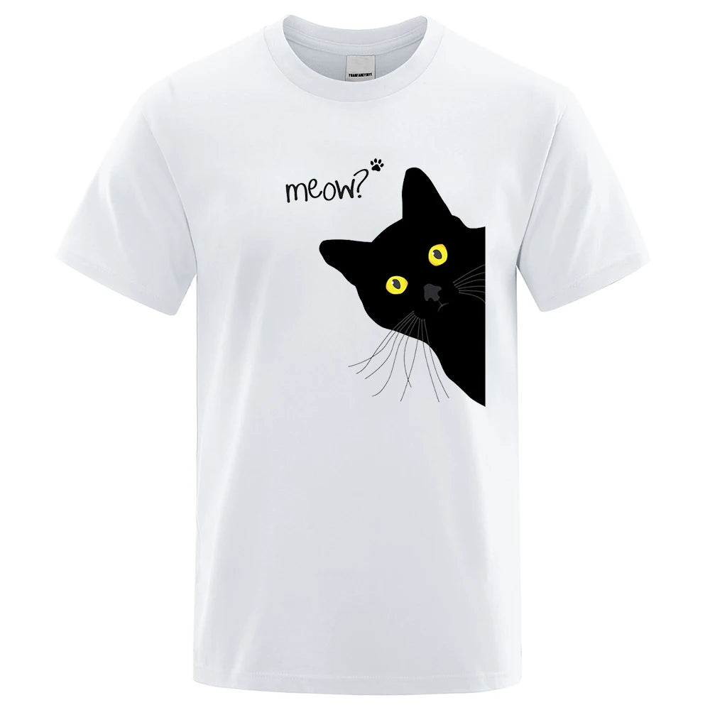 Meow Black Cat Funny Printing Men T-Shirts Breathable Tee Clothes Summer Streetwear Tops Unisex Loose Cotton Short Sleeve