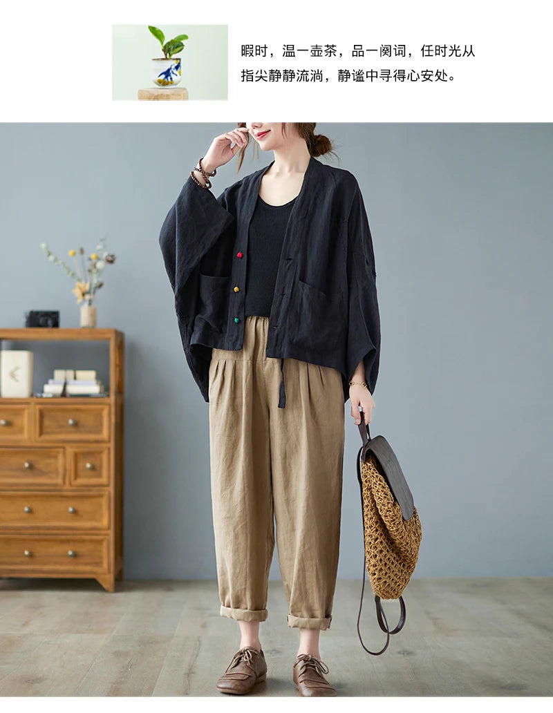 Women Long Sleeve Jackets New 2022 Autumn Vintage Style All-match Loose Comfortable Cotton Linen Female Casual Coats B2100