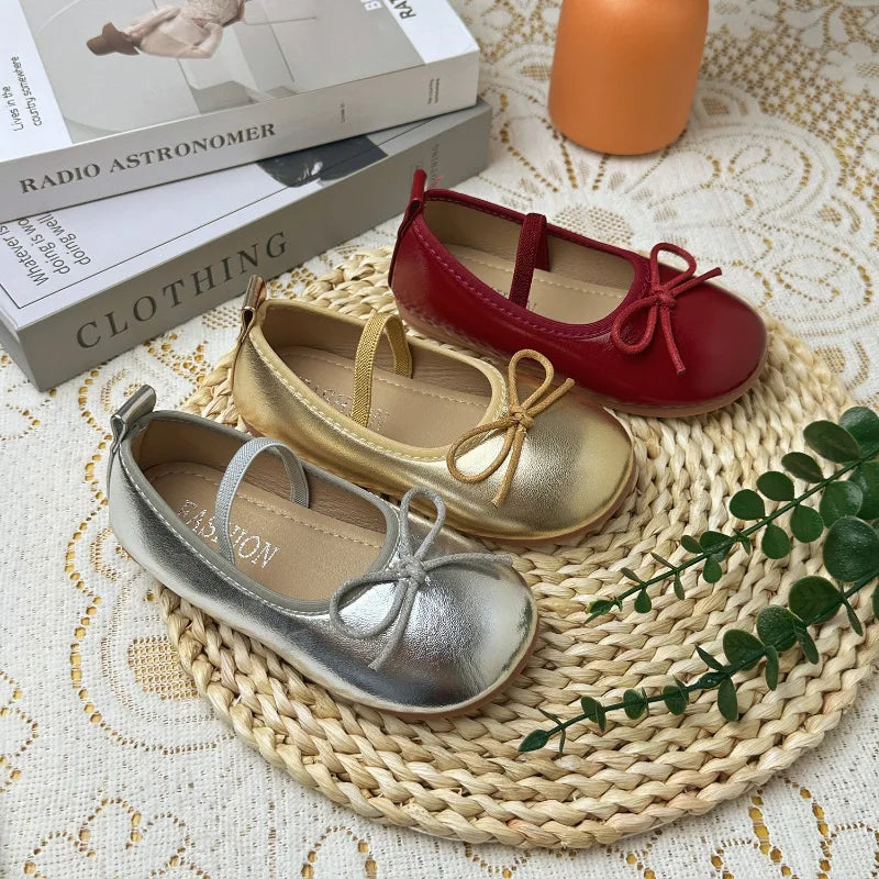 2025 New Kids Shoes Childrens Bowknot Princess Shoes Girls Flat Leather Shoes Gold Silver Red Spring Autumn For 3-10T