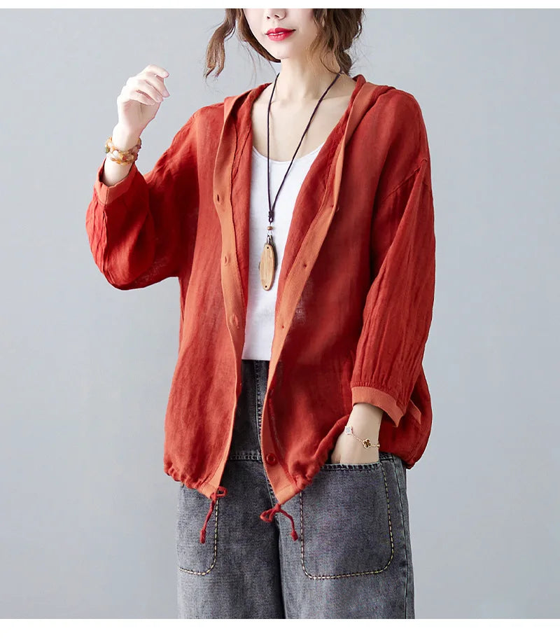 Women Summer Loose Hooded Sunscreen Casual Thin Jackets New Arrival Simple Style Solid Color Female Long Sleeve Hooded Coats