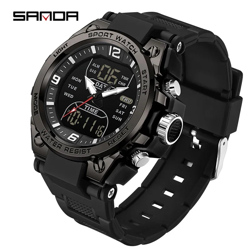SANDA New Fashion Men Watch Multifunctional Outdoors Sports Waterproof Wristwatch LED Luminous Electronic Digital Men Watches