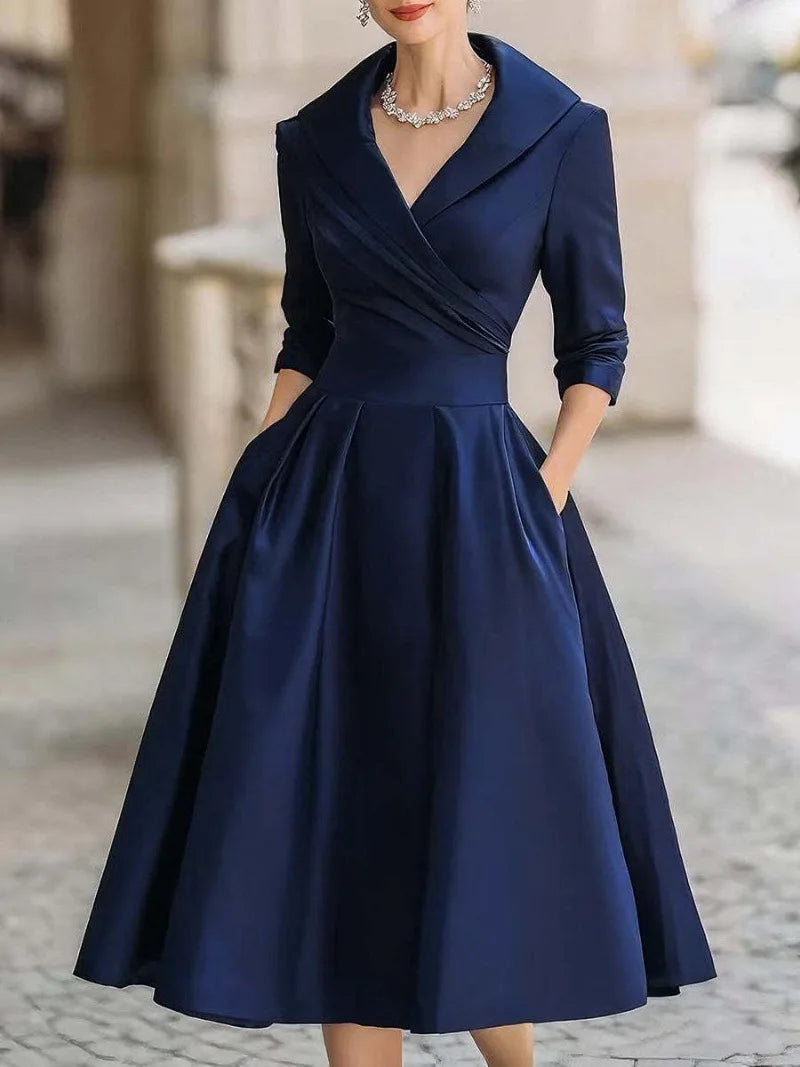 Women Elegant Wedding Guest Dress Turndown Collar Mid-Length Waisted A-Line Evening Dress Cocktail Party Satin Midi Dresses