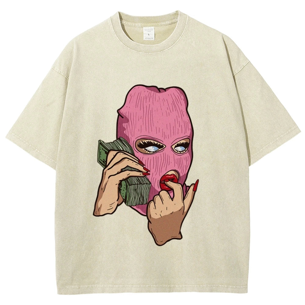 Cotton Women's T-Shirt Abstract Skull Call Women's Print Shoulder Round Neck Wash Summer Designer Trend New Short Sleeves