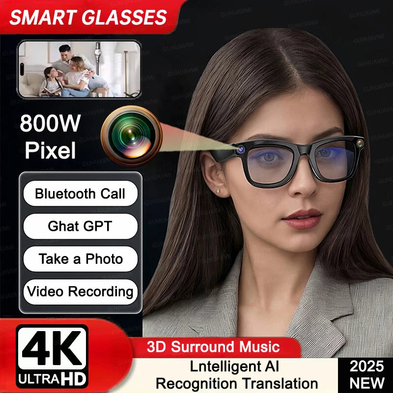 New Camera Glasses 800w Pixel 4K UHD Camera Recording Noise Reduction Ai Recognition Translation Anti Blue Light Smart Glasses