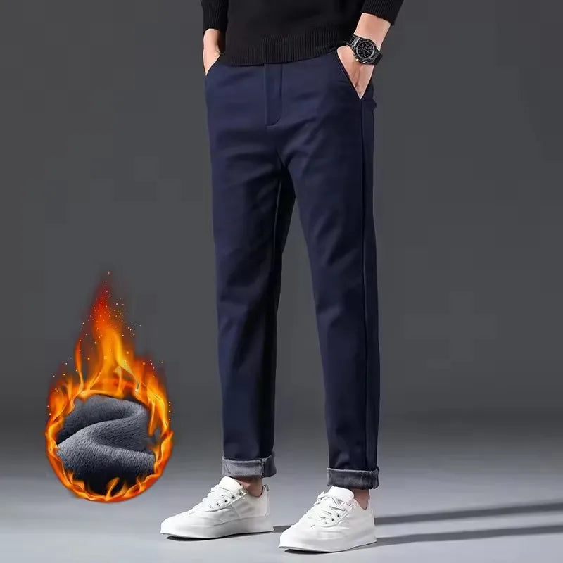 New Winter Mens Clothing Warm Casual Pants 98% Cotton Fleece Straight Business Thicken Men Pants Stretch Classic Velvet Trousers