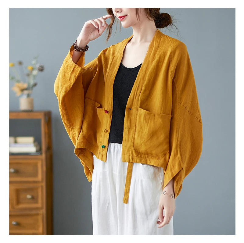 Women Long Sleeve Jackets New 2022 Autumn Vintage Style All-match Loose Comfortable Cotton Linen Female Casual Coats B2100