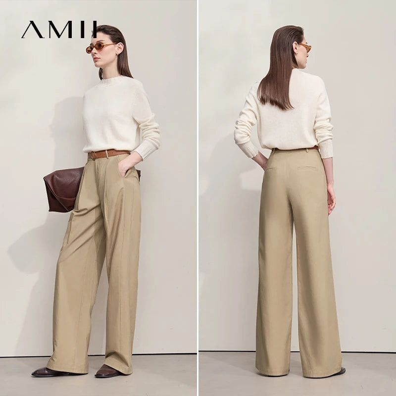 AMII Casual Women Pants 2025 Autumn Elegant Cotton Simple Loose High Waist Pleated Wide Leg Pants Office Lady Clothing 12553020