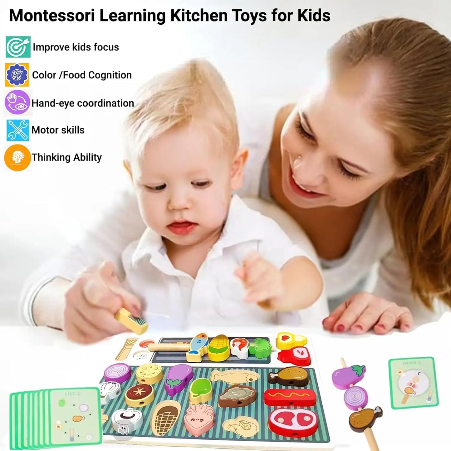 Wooden Kitchen Toys Set for Kids,Pretend Cooking Food Playset-BBQ Grill Toy with Food & Kitchen Toy Accessories Fine Motor Toys
