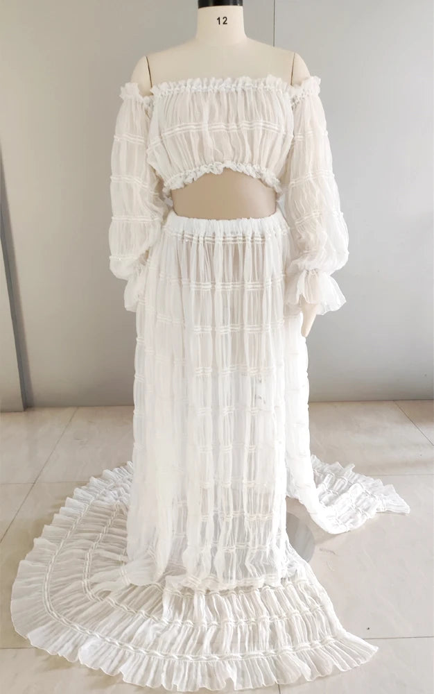 Maternity Dresses For Photo Shoot Women Off Shoulder Short Top Pleated Chiffon Long Sleeved Bohemian Dress Boho Style Dress