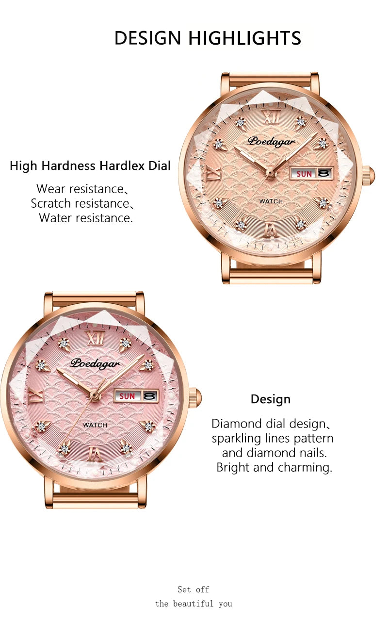 POEDAGAR Top Elegant Women's Watches Stainless Steel Date Week Woman Watch Waterproof Luminous Fashion Ladies Watch Quartz Reloj