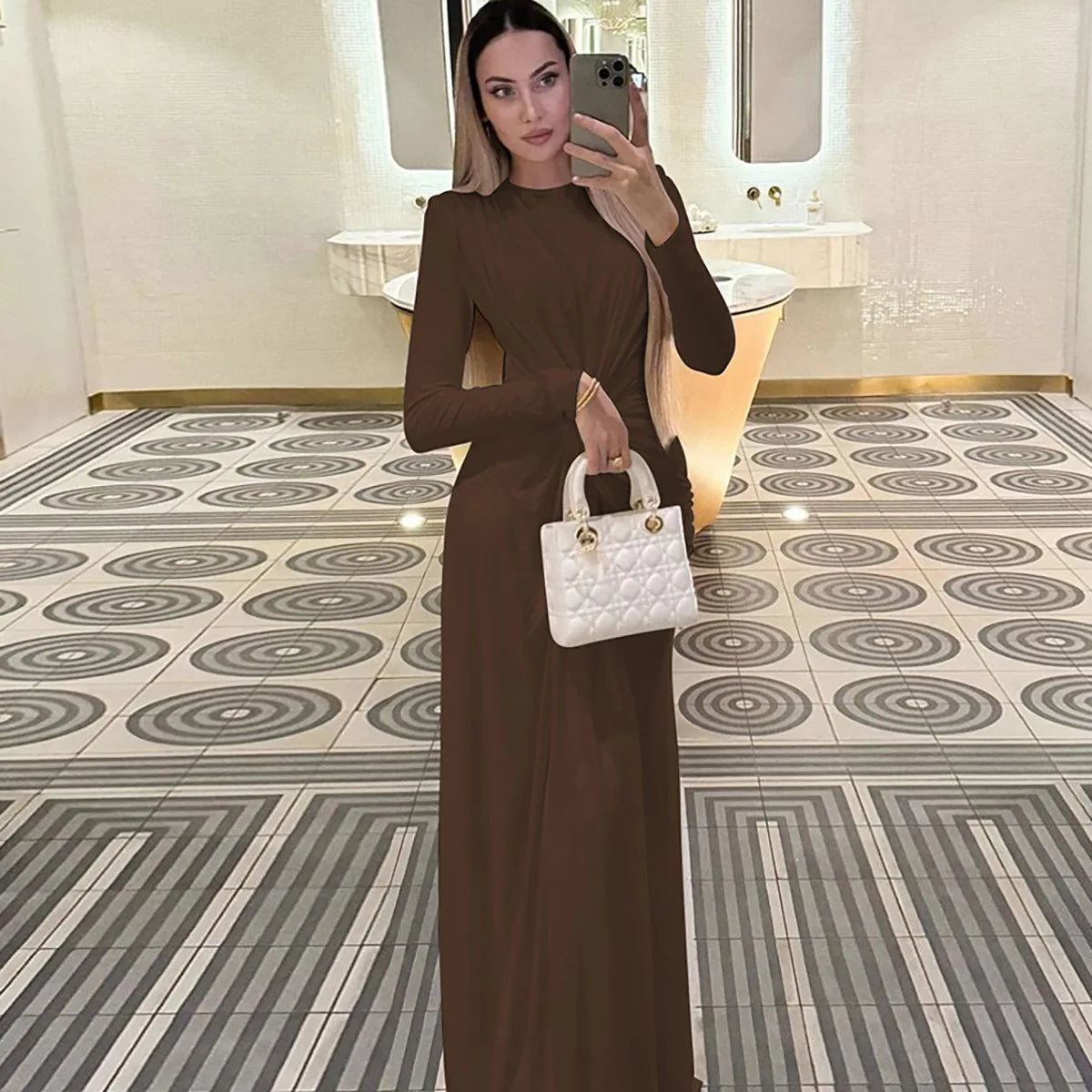 Women's Evening Dress Spring Summer New Fashion Slim Solid Color Casual Round Neck Long Sleeve Long Dress Elegant Party Dresses