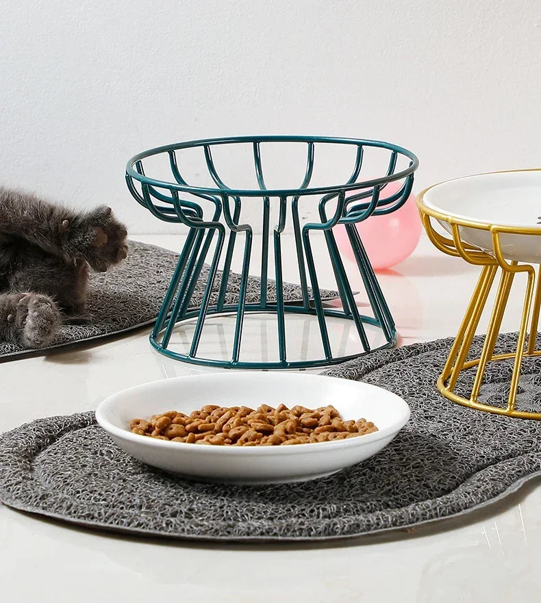 Ceramic Pet Bowl Cat Food Feeding Double Dish Stainless Steel Raised Stand Kitten Dog Water Feeder Durable Pet Accessories