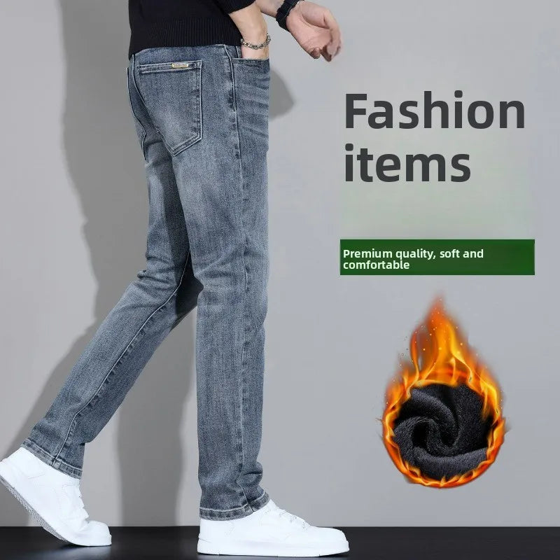 Fleece Thermal Autumn Winter Denim Jeans for Men Pants Warm Thicken Straight Stretch Clothing Fashion Street Causal Denim Pants
