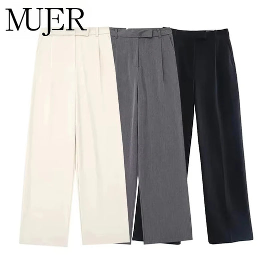 MUJER 2025 Women's Pants Beige Grey Black Wide Leg Pants Women High Waist Baggy Pants Woman Fashion Summer Office Trousers