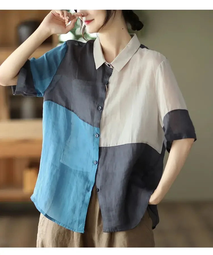 Cotton and Linen Shirt for Women Fashionable and Versatile Cardigan Lapel Top Thin