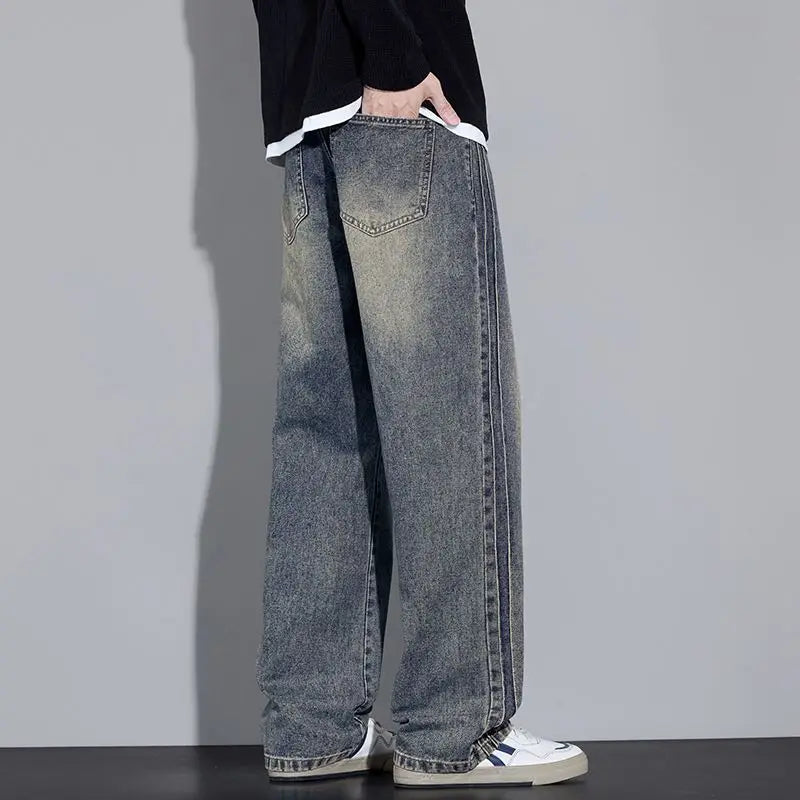 Elastic Loose Straight Jeans Men's Wide Legged Denim Pants Casual Trousers Korean Style Sportswear Clothing Jeans Men Pants
