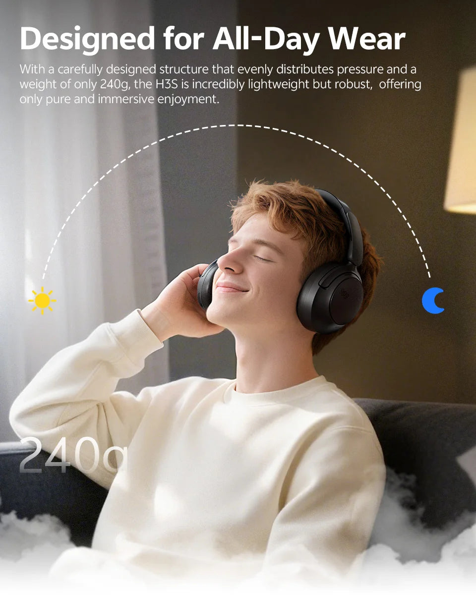 QCY H3S Wireless Headphones Bluetooth 6.0 Noise Canceling -56dB Over Ear Earphone Hi-Res Spatial Audio Dual Driver Headset 102H