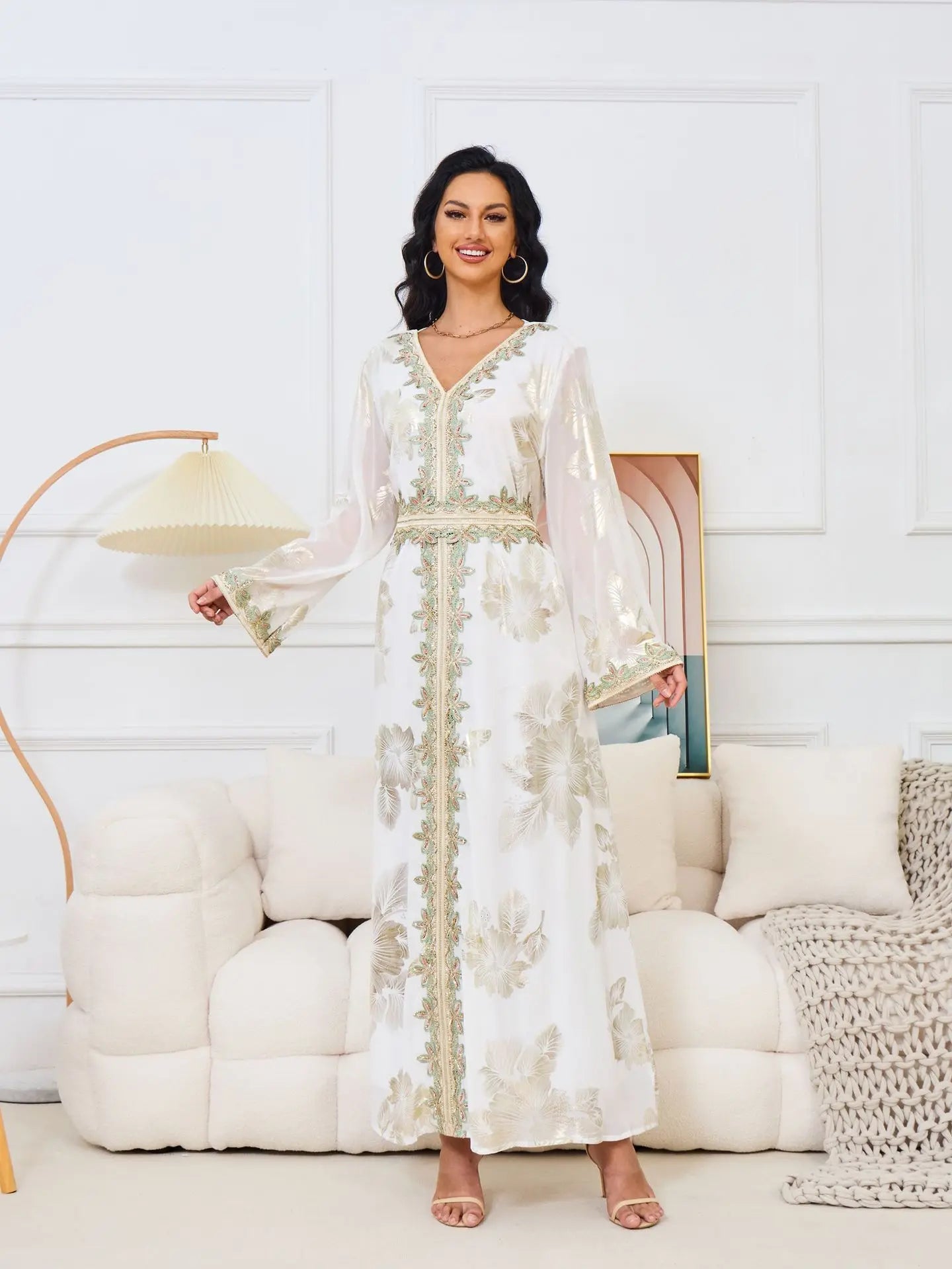 Eid Muslim Women Dress Gown Turkish Caftan Abaya Jalabiya Ramadan Party Dresses Morocco Kaftan V Neck Belt Embroidery Vestidos