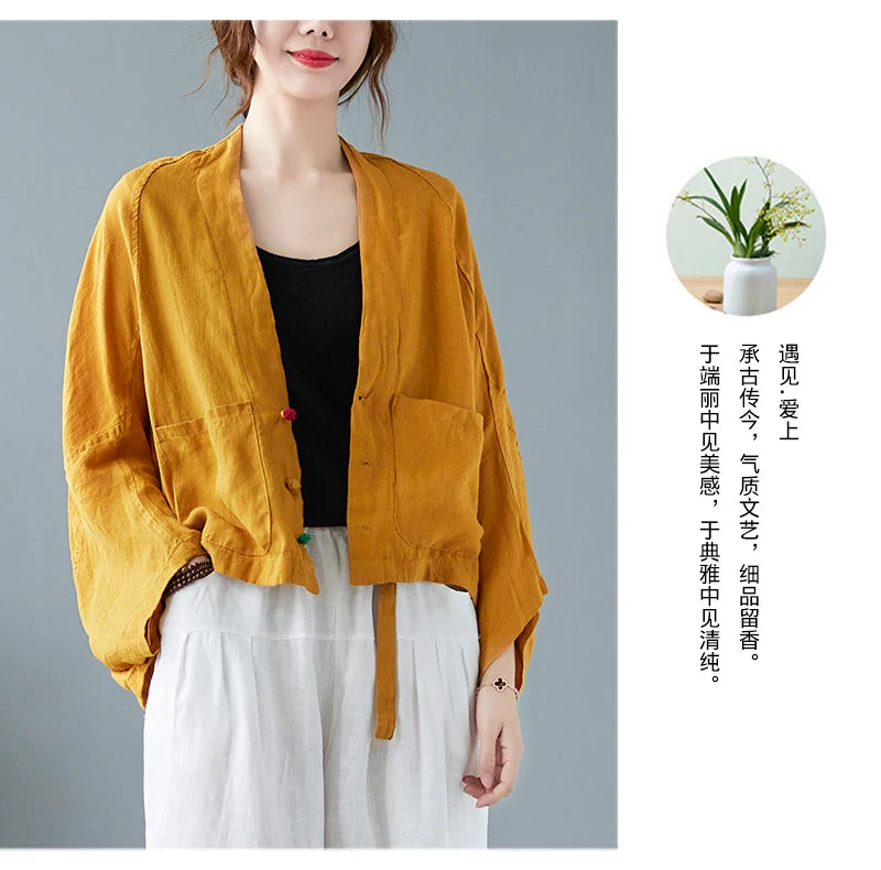 Women Long Sleeve Jackets New 2022 Autumn Vintage Style All-match Loose Comfortable Cotton Linen Female Casual Coats B2100