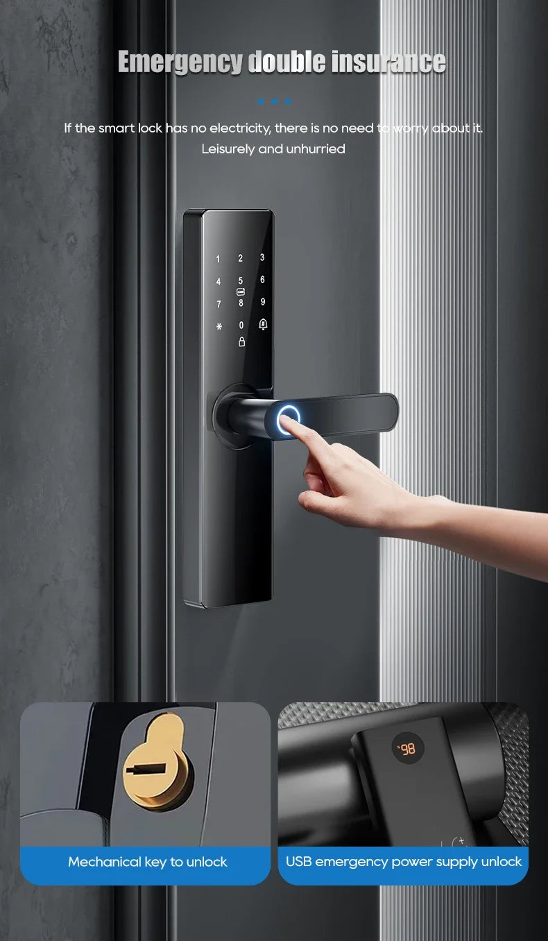 Smart electronic door locks Fingerprint biometrics Smartlock Application control Smart card key entry and USB emergency charging