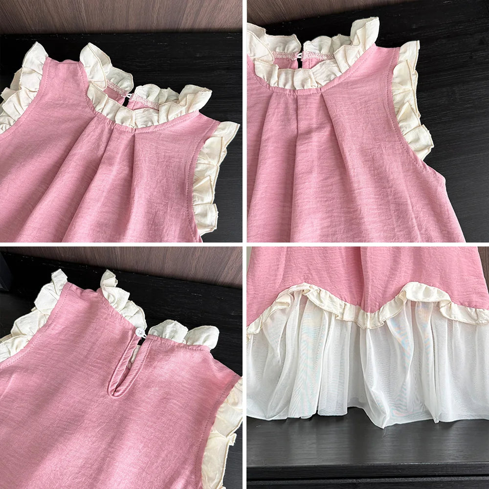 Bear Leader Korean Solid Color Kids Clothes Summer Pink Lace Girls Dress Sleeveless Black Fungus Edge Mesh Splicing Dresses